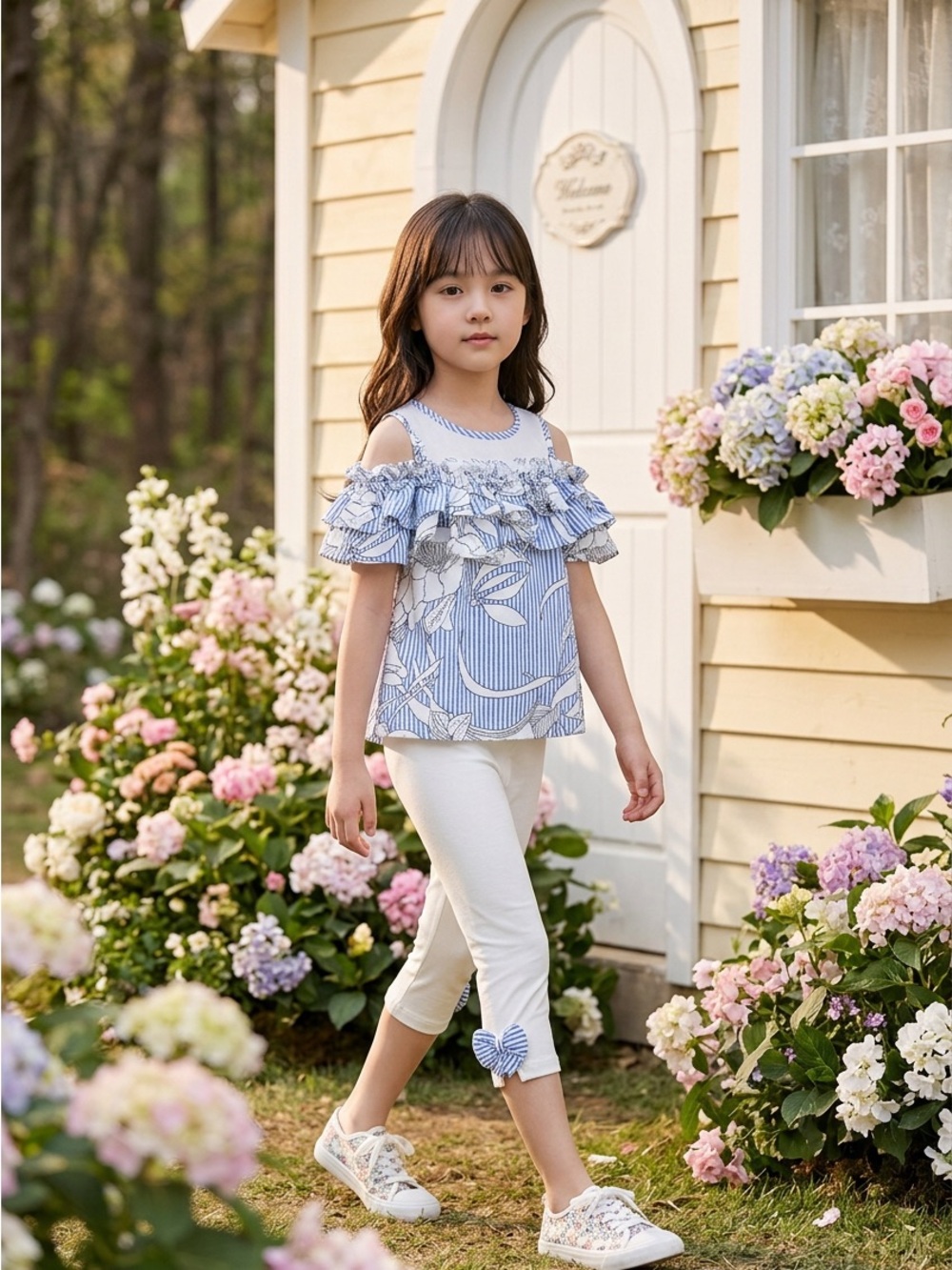 NWT Doe A Dear Toddler 2 Piece Blue Floral Cold Shoulder Top & Leggings Bows- 2T